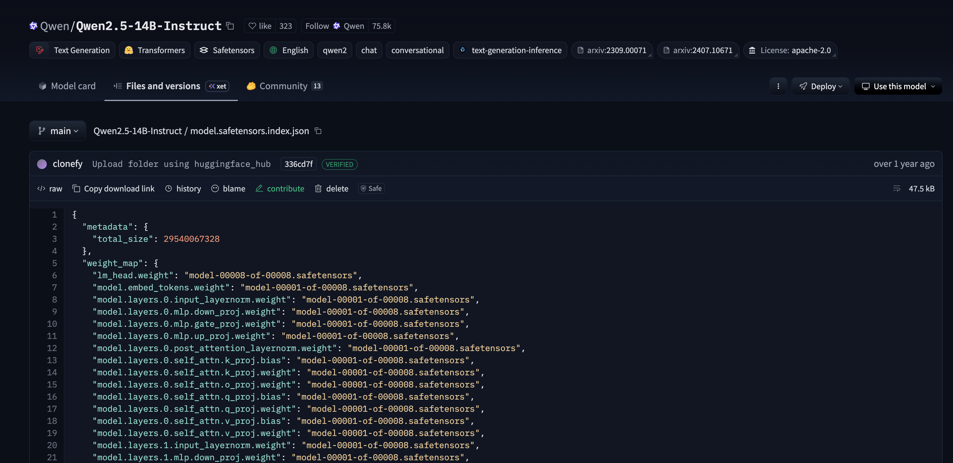 A screenshot of model.safetensors.index.json showing parameter names mapped to specific safetensors shard files.
